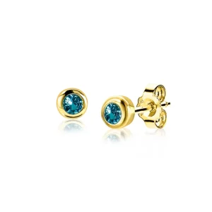 Zinzi Geel vergulde zilveren oorbellen - Rond met Geboortesteen Aquamarijn maand Maart (CZ Blauw) ZIO-MRT
