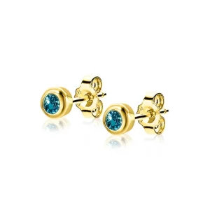 Zinzi Geel vergulde zilveren oorbellen - Rond met Geboortesteen Aquamarijn maand Maart (CZ Blauw) ZIO-MRT