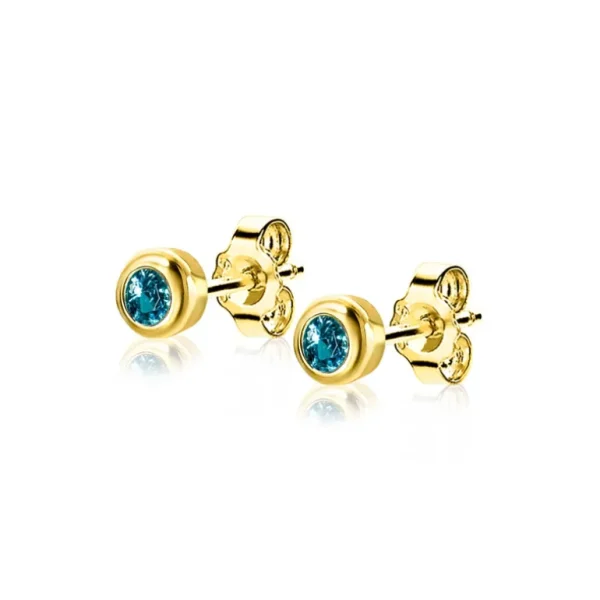 Zinzi Geel vergulde zilveren oorbellen - Rond met Geboortesteen Aquamarijn maand Maart (CZ Blauw) ZIO-MRT