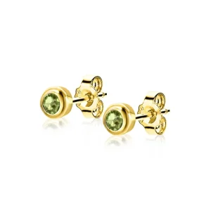 Zinzi Geel vergulde zilveren oorbellen - Rond met Geboortesteen Peridot maand Augustus (CZ Groen) ZIO-AUG