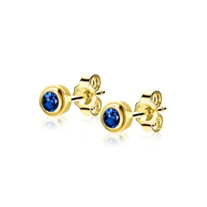 Zinzi Geel vergulde zilveren oorbellen - Rond met Geboortesteen Saffier maand September (CZ Blauw) ZIO-SEP