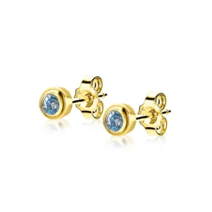 Zinzi Geel vergulde zilveren oorbellen - Rond met Geboortesteen Topaas maand December (CZ Blauw) ZIO-DEC