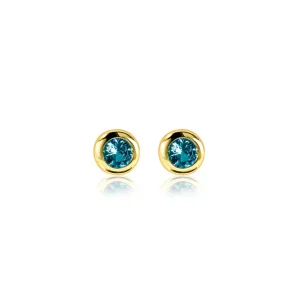 Zinzi Geel vergulde zilveren oorbellen - Rond met Geboortesteen Aquamarijn maand Maart (CZ Blauw) ZIO-MRT